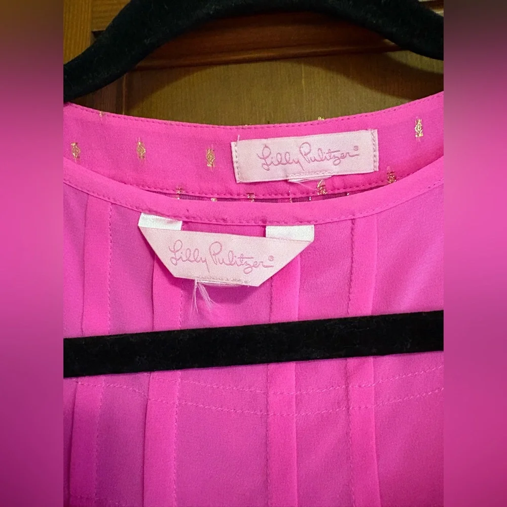 LILLY PULITZER HOT PINK AND METTALLIC GOLD COLBY SILK BLEND BLOUSE TOP L w CAMI - Picture 4 of 11